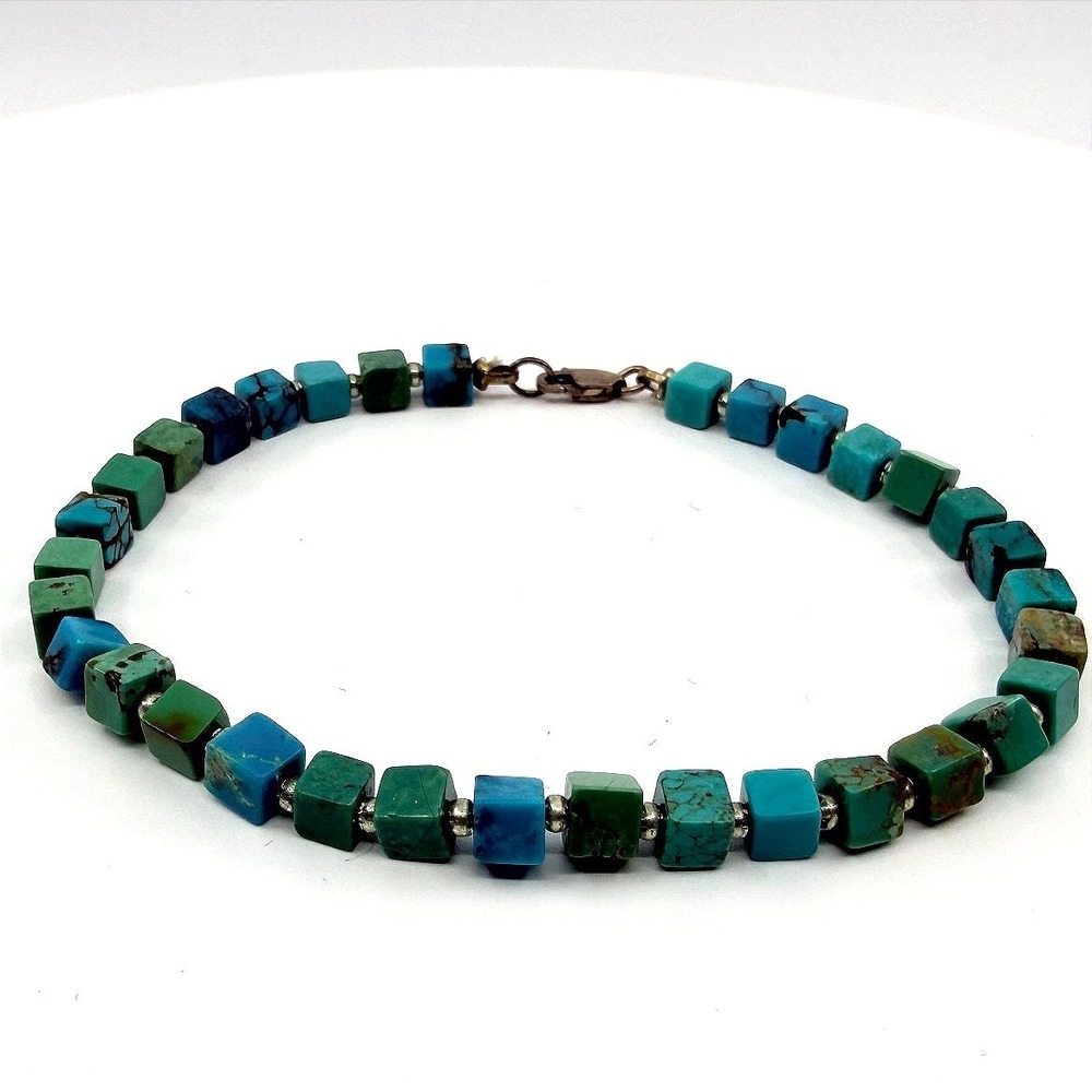 Vintage Silver Tone Bracelet Faux Turquoise Blue Green Cube Square Bead Boho 90s